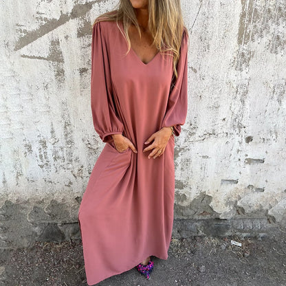 aakip™-Loose V-neck solid color women's lantern sleeve dress