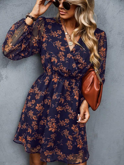 aakip™-Dress V-neck elegant chiffon printed floral spring see-through skirt