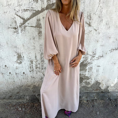 aakip™-Loose V-neck solid color women's lantern sleeve dress