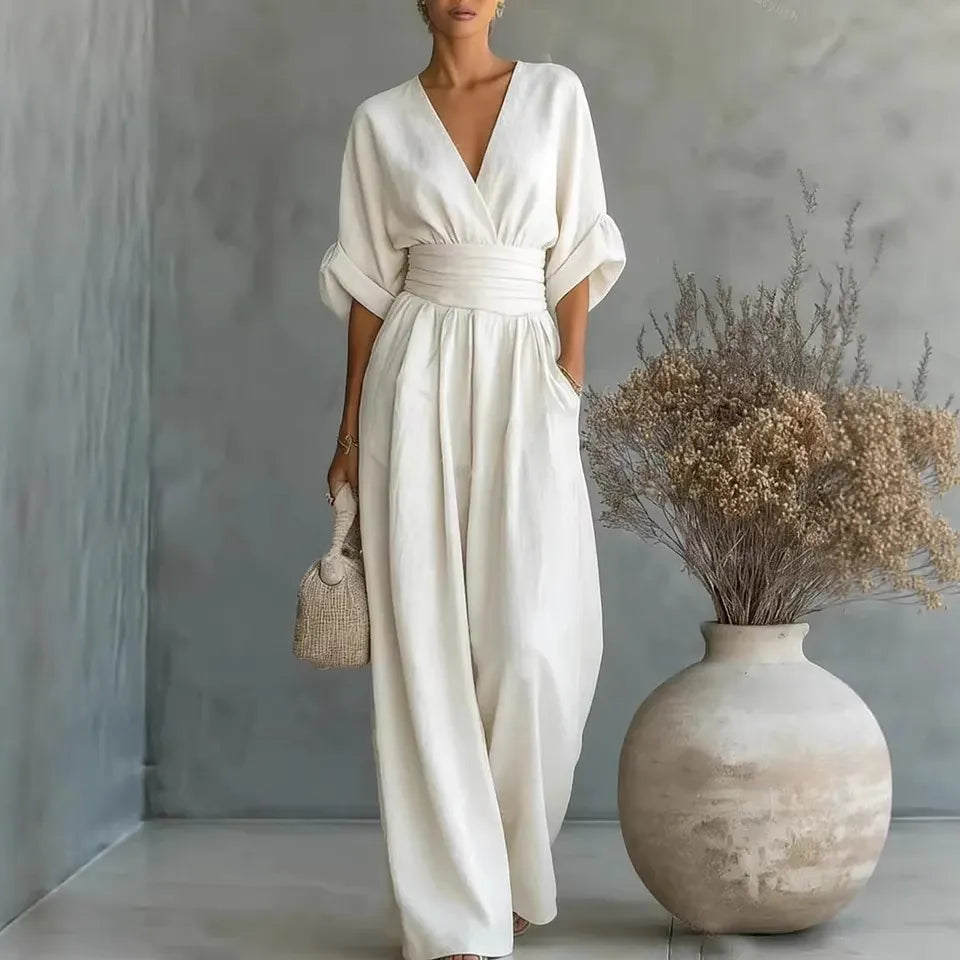 👠Women Solid-Color Elegant V-Neck Jumpsuit with Waist-Defining Fit