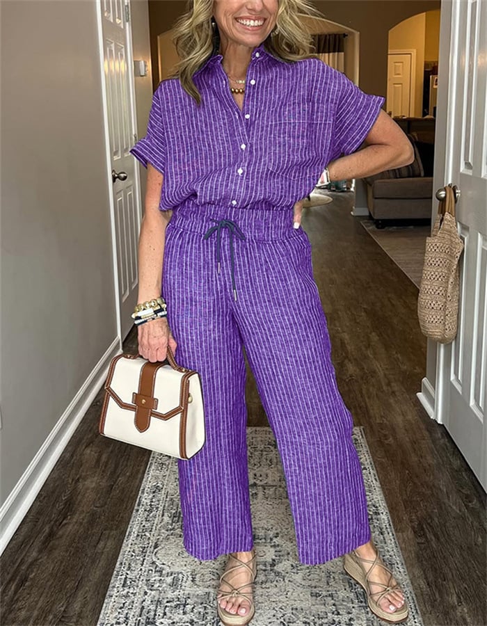 Classic Striped Linen Cotton Shirt Set With Pockets