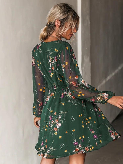 aakip™-Dress V-neck elegant chiffon printed floral spring see-through skirt