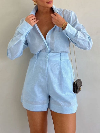 aakip™-Women's Casual Linen Blouse and Shorts Set