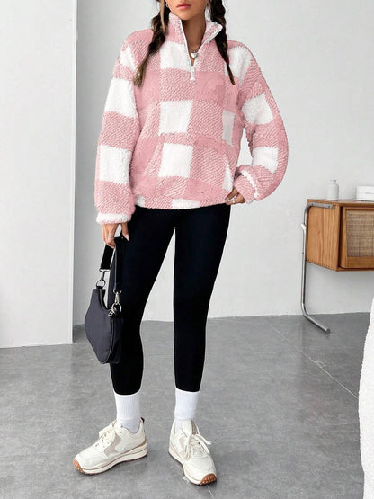 Women's Plaid Print Half Zip Drop Shoulder Fleece Sweatshirt