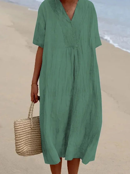 aakip™-Loose Short Sleeved Solid V-Neck Dress-Buy 2 Free Shipping