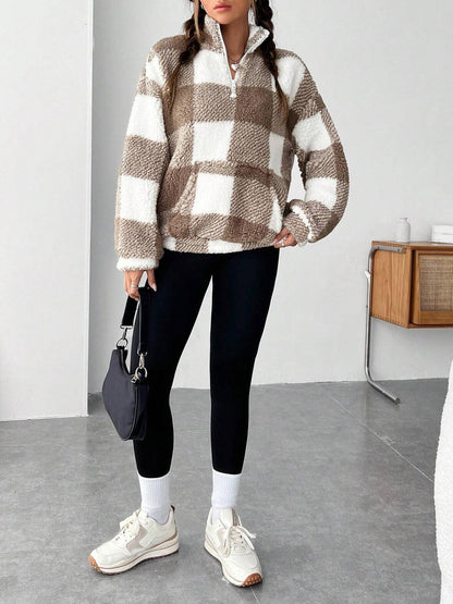 Women's Plaid Print Half Zip Drop Shoulder Fleece Sweatshirt