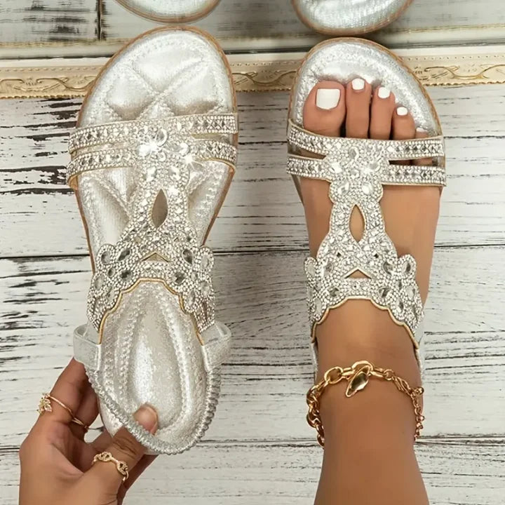 aakip™-Chic Floral Rhinestone Flat Sandals