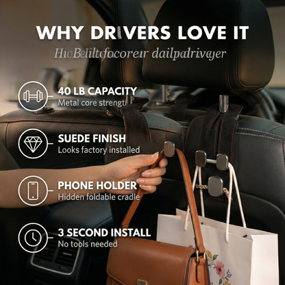Alcantara Suede Dual Hook & Phone Holder for Car Headrest + 50% OFF