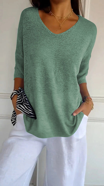 aakip™-Solid Color Knitted V-neck Top