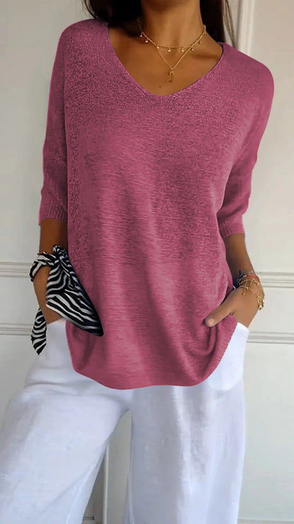 aakip™-Solid Color Knitted V-neck Top