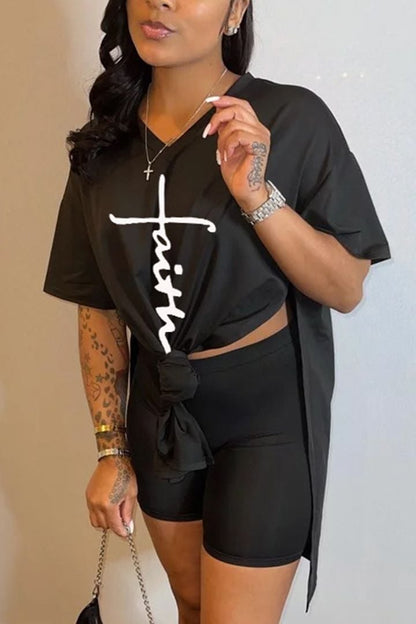 aakip™-Letter Print Split Side V Neck T-Shirt & Shorts Two Piece Set