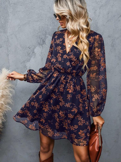aakip™-Dress V-neck elegant chiffon printed floral spring see-through skirt