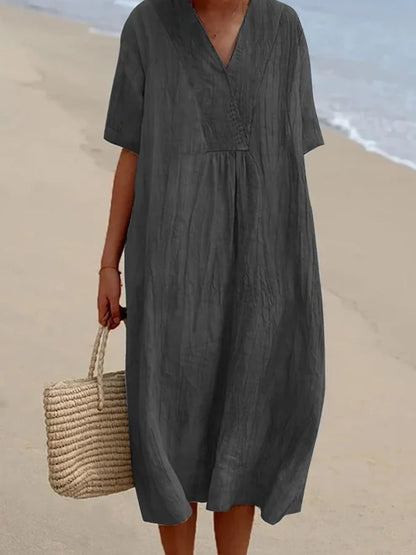 aakip™-Loose Short Sleeved Solid V-Neck Dress-Buy 2 Free Shipping