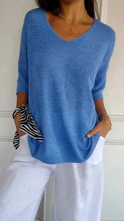 aakip™-Solid Color Knitted V-neck Top