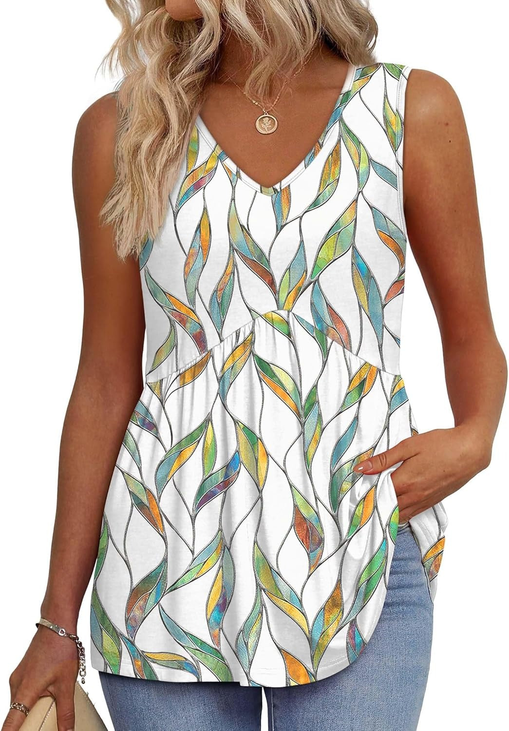 Limited time sale🔥Women's Print Flowy Sleeveless V Neck Peplum Tank Tops(BUY 3 FREE SHIPPING)