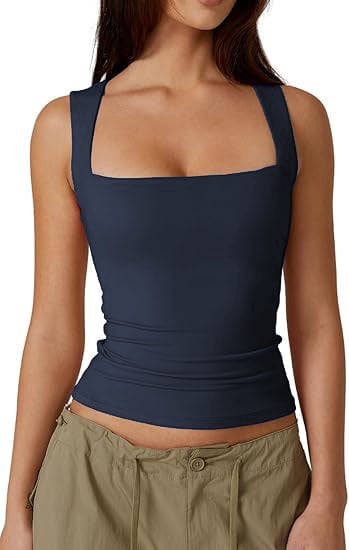 🏆Flash Sale⚡ 50K+ SOLD! Almost Gone⏰Women's Square Neck Sleeveless Double-Layer Tank Tops Basic Tight T Shirts short