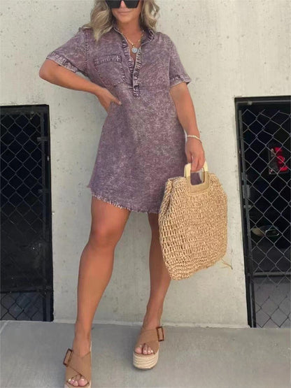 aakip™-Short Sleeve Casual Denim Shirt Dress-Buy two and get free shipping!