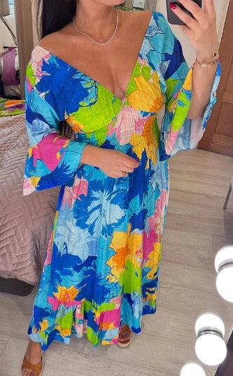 aakip™-V-neck Floral Seaside Vacation Loose Dress