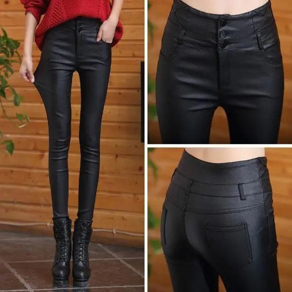 Nice Gift! 3-button Quilted Matte Leather Leggings for Women