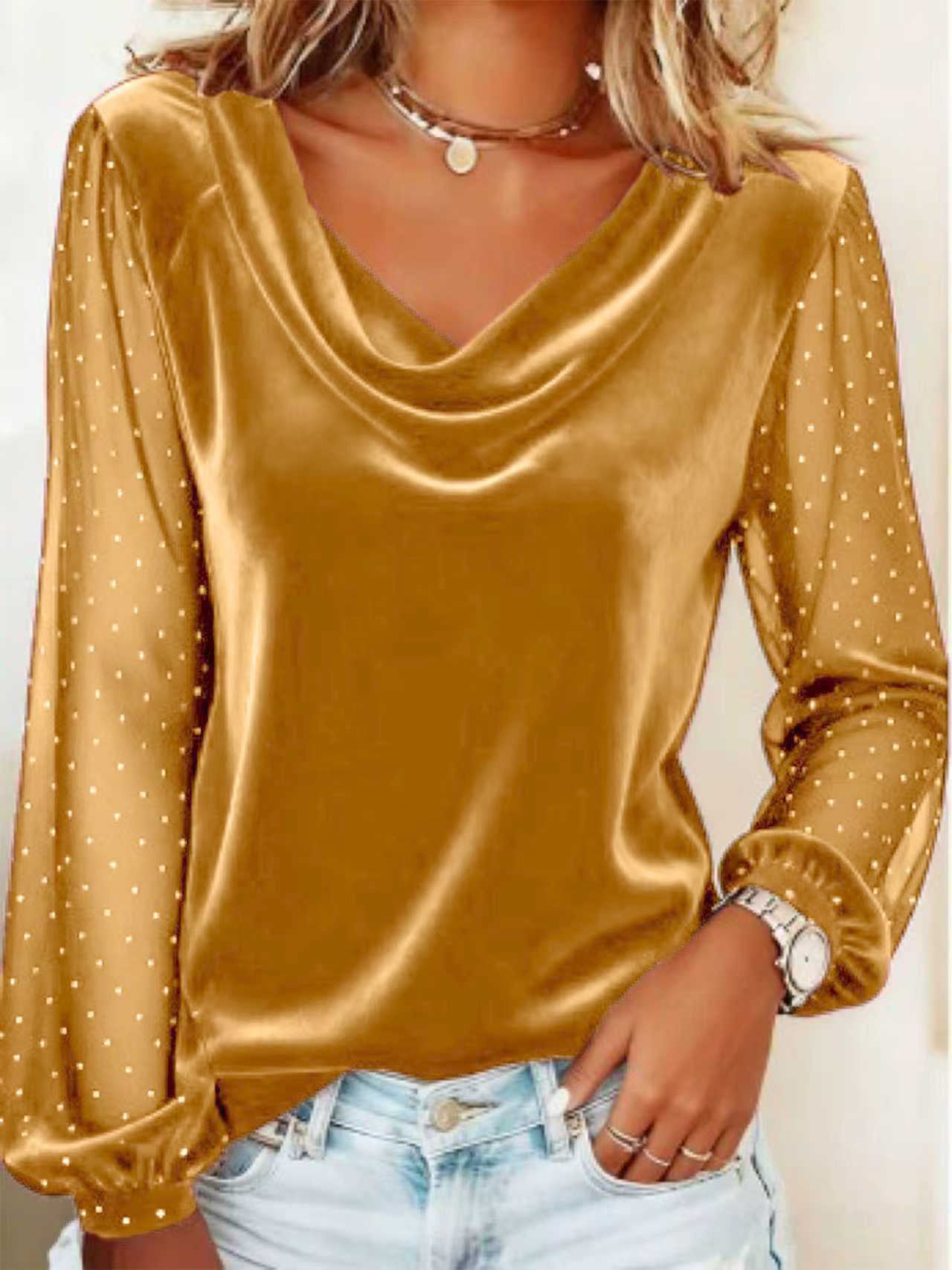Women's solid color V-neck mesh rhinestone long sleeve