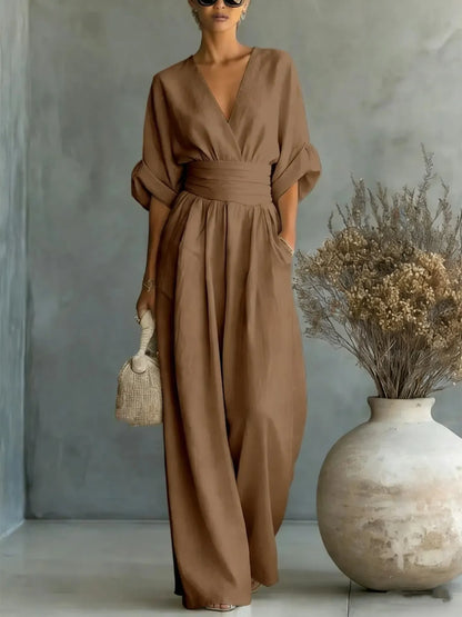 👠Women Solid-Color Elegant V-Neck Jumpsuit with Waist-Defining Fit