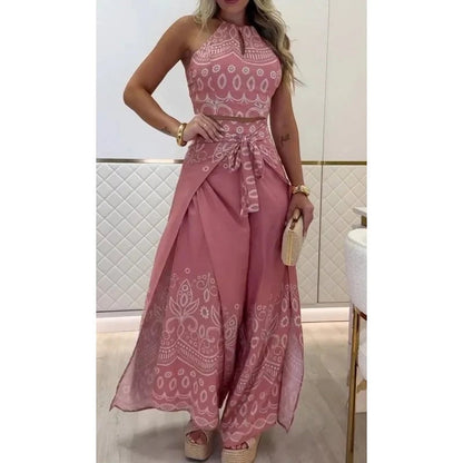 Women's Retro Pattern Ethnic Halter Sleeveless Top Wide Leg Pants Set