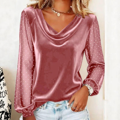 Women's solid color V-neck mesh rhinestone long sleeve