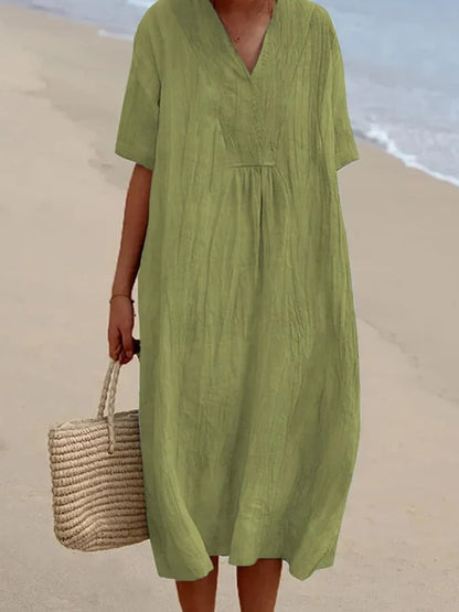 aakip™-Loose Short Sleeved Solid V-Neck Dress-Buy 2 Free Shipping