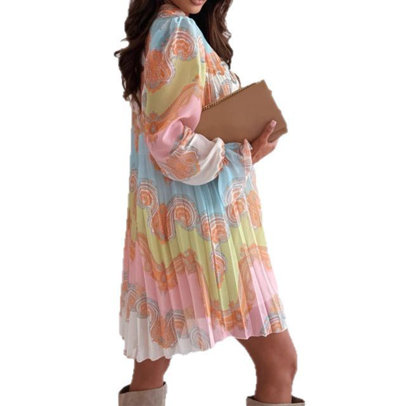 Women's Fashion Printed Stand Collar Waisted Long Sleeve Dresses