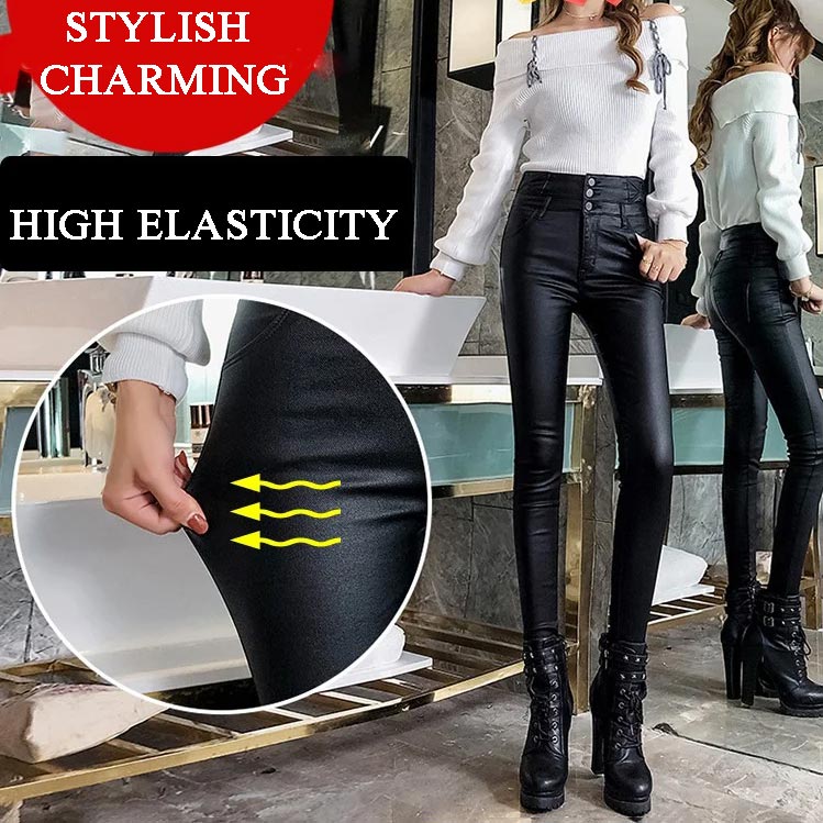 Nice Gift! 3-button Quilted Matte Leather Leggings for Women