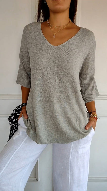 aakip™-Solid Color Knitted V-neck Top