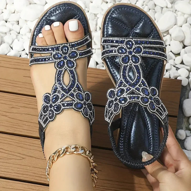 aakip™-Chic Floral Rhinestone Flat Sandals