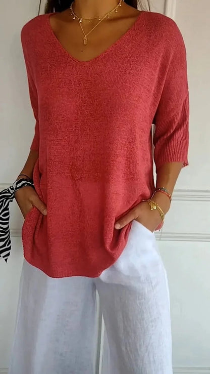 aakip™-Solid Color Knitted V-neck Top