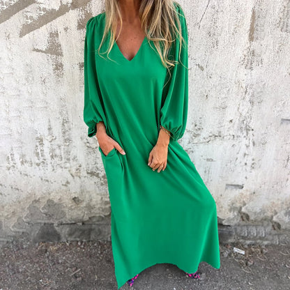 aakip™-Loose V-neck solid color women's lantern sleeve dress