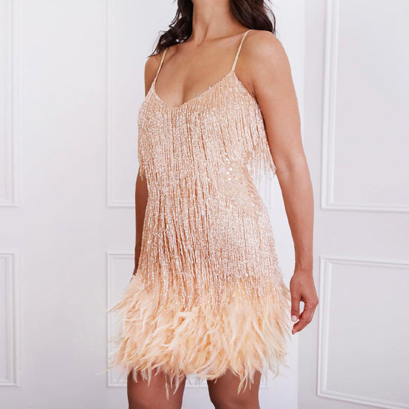 aakip™-Women's Feather Fringe Sequin Spaghetti Strap Dress