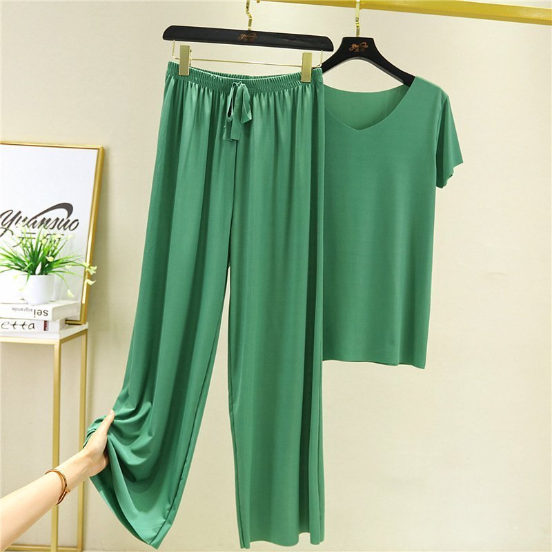 Soft Comfortable Ice Silk Short Sleeve T-Shirt Two Piece Set Loose Wide-leg Pants ( Buy 3 Free Shipping)