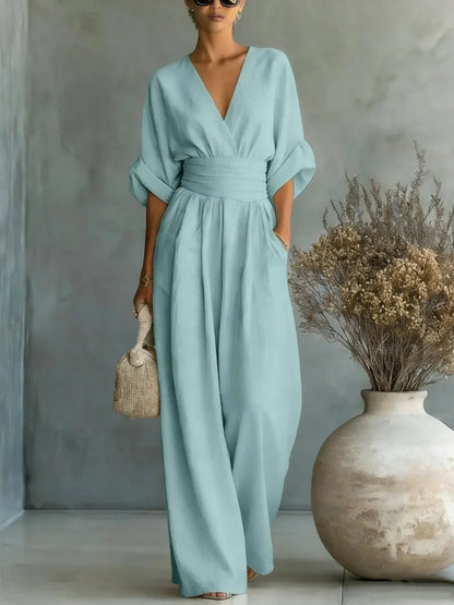 👠Women Solid-Color Elegant V-Neck Jumpsuit with Waist-Defining Fit