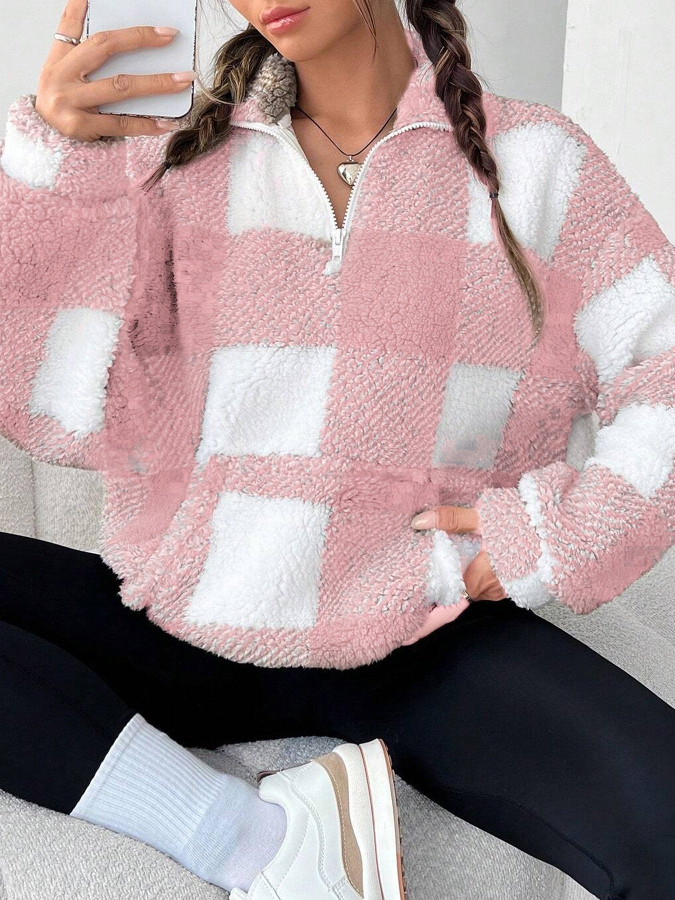 Women's Plaid Print Half Zip Drop Shoulder Fleece Sweatshirt