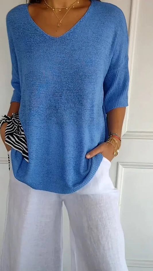 aakip™-Solid Color Knitted V-neck Top