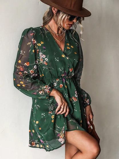 aakip™-Dress V-neck elegant chiffon printed floral spring see-through skirt