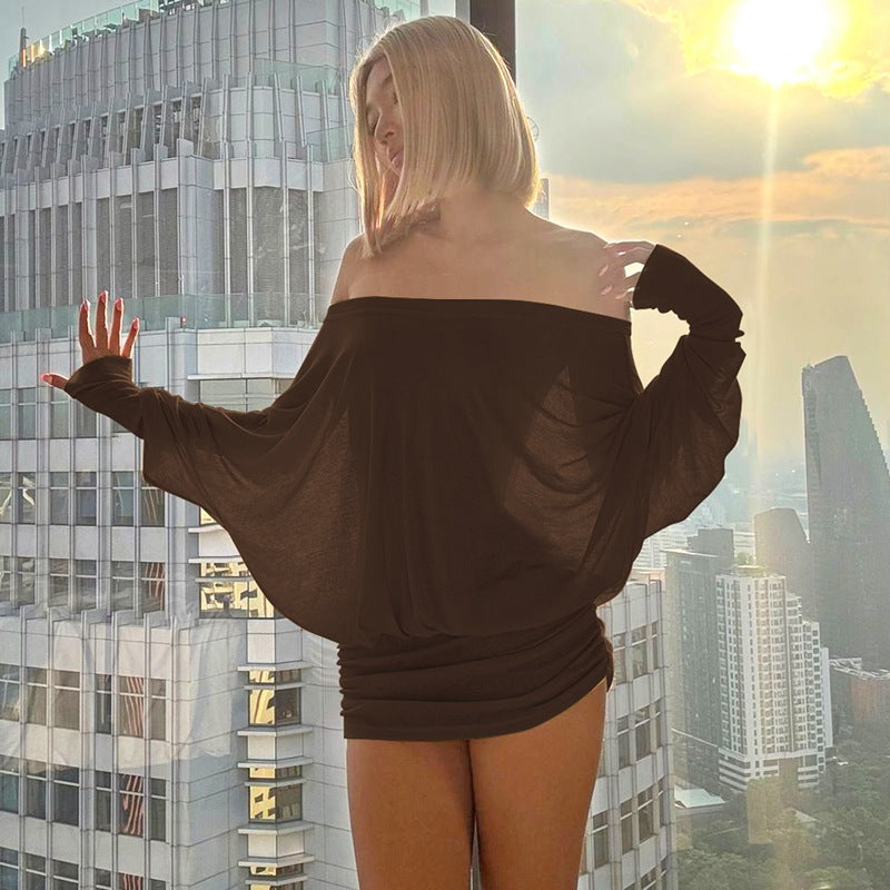 Women's Off The Shoulder Ruched Party Dress Sheer Long Sleeve Mini Dress Elegant Bodycon Dresses for Spring Fall Womenswear
