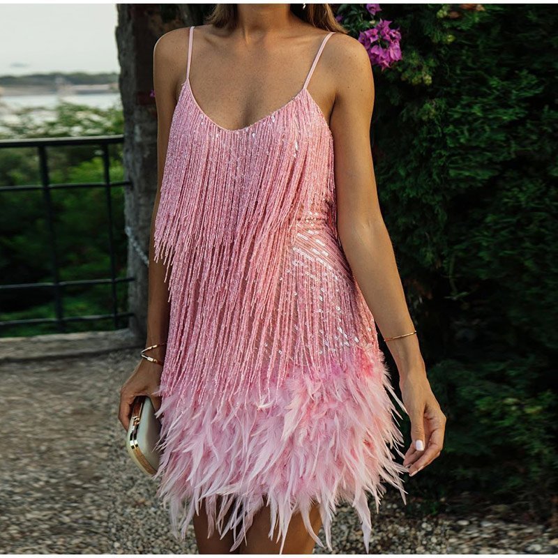 aakip™-Women's Feather Fringe Sequin Spaghetti Strap Dress