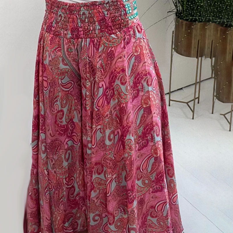 aakip™-Ethnic Paisley Print Elastic Patchwork-Waist Lightweight Pants