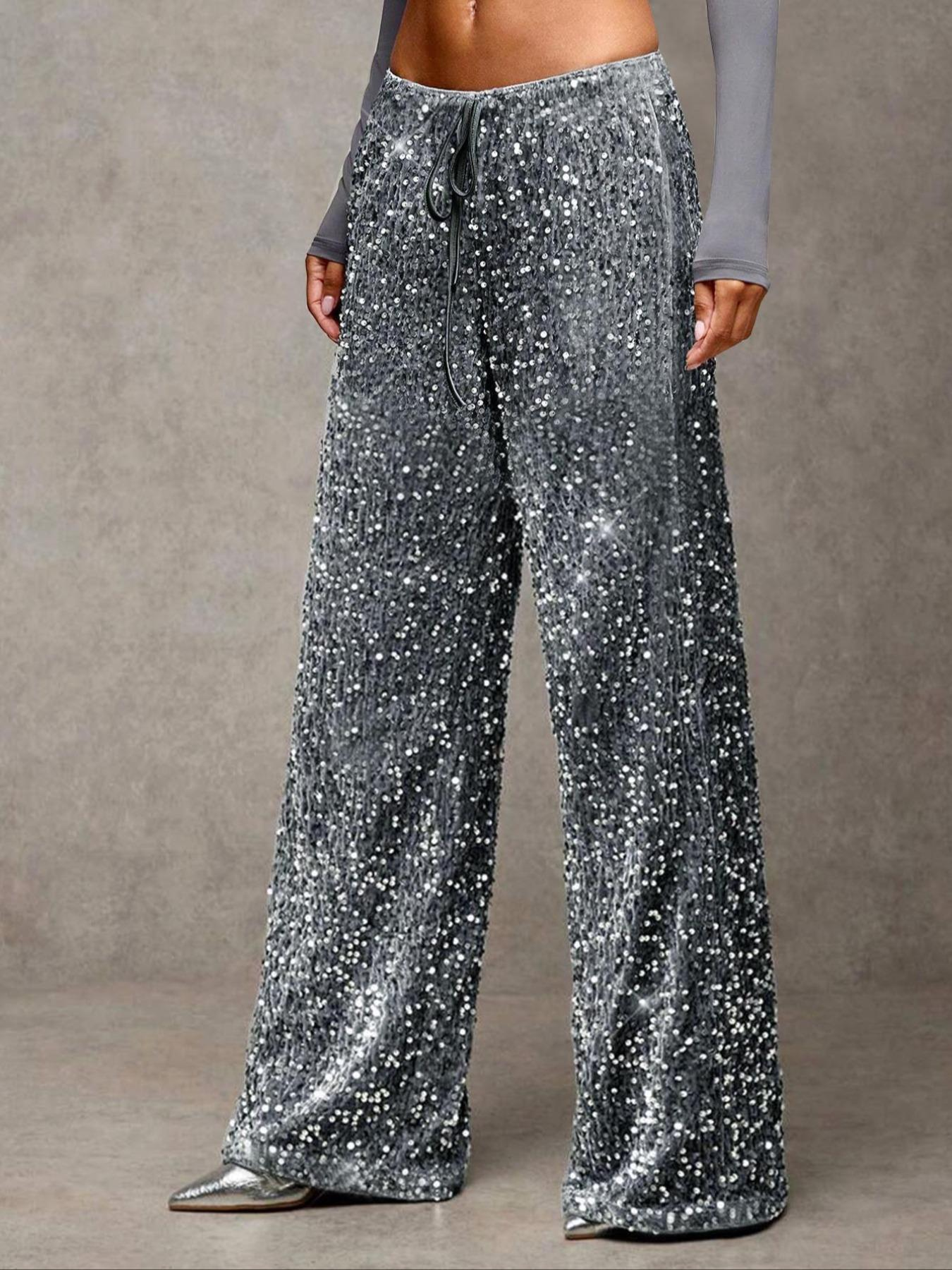 Women's Sequin Sparkle Wide Leg Pants with Elastic Waistband