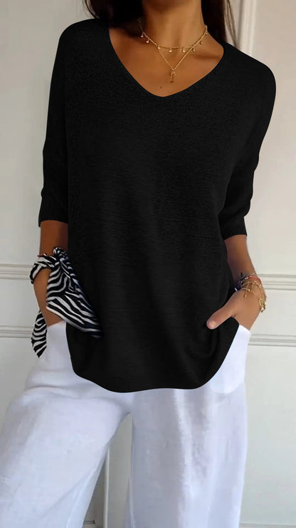 aakip™-Solid Color Knitted V-neck Top