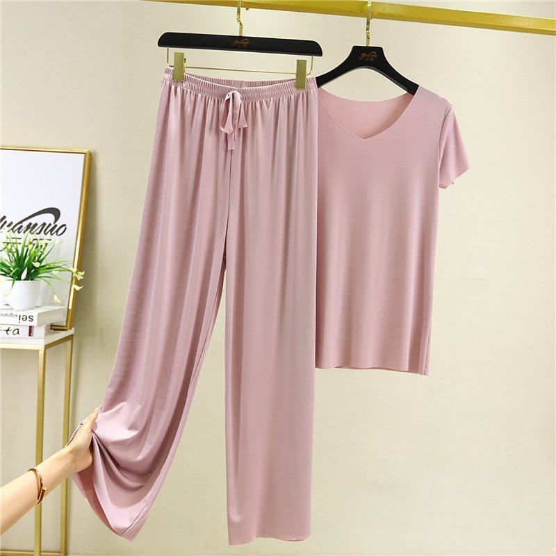 Soft Comfortable Ice Silk Short Sleeve T-Shirt Two Piece Set Loose Wide-leg Pants ( Buy 3 Free Shipping)