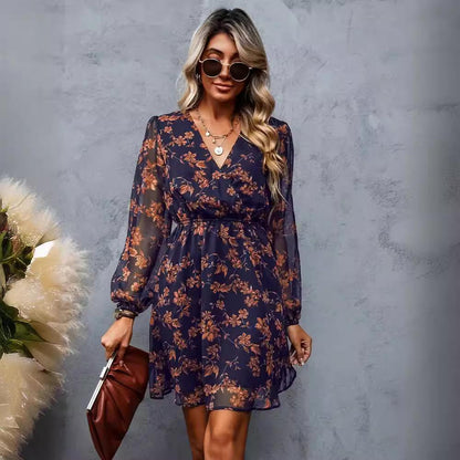 aakip™-Dress V-neck elegant chiffon printed floral spring see-through skirt