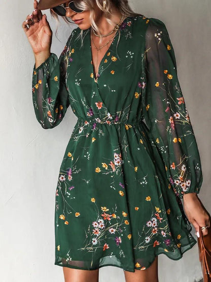 aakip™-Dress V-neck elegant chiffon printed floral spring see-through skirt