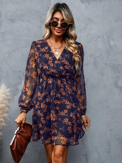 aakip™-Dress V-neck elegant chiffon printed floral spring see-through skirt