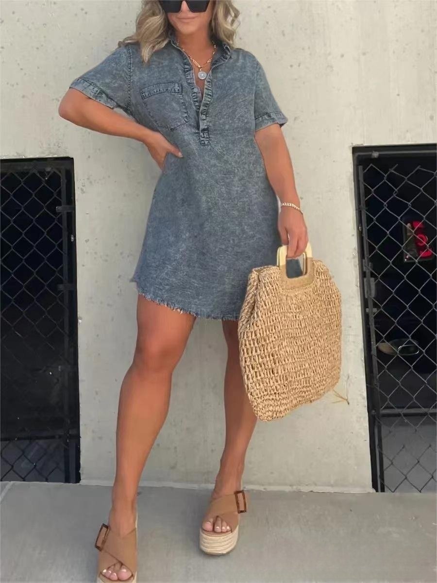 aakip™-Short Sleeve Casual Denim Shirt Dress-Buy two and get free shipping!